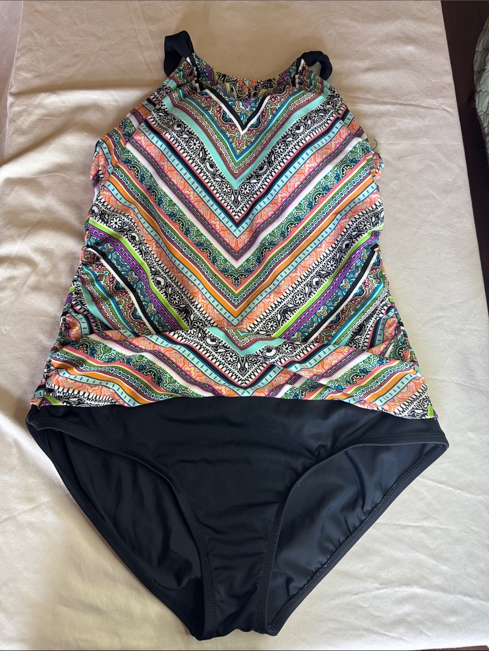Jantzen Chevron Stripe One-Piece Swimsuit in Teal, Orange, Purple and Black